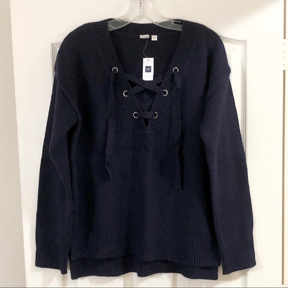 Gap Women’s Chunky Navy Blue Long Sleeve Lace-Up V-Neck Sweater w/Side Slits - L - Picture 7 of 16
